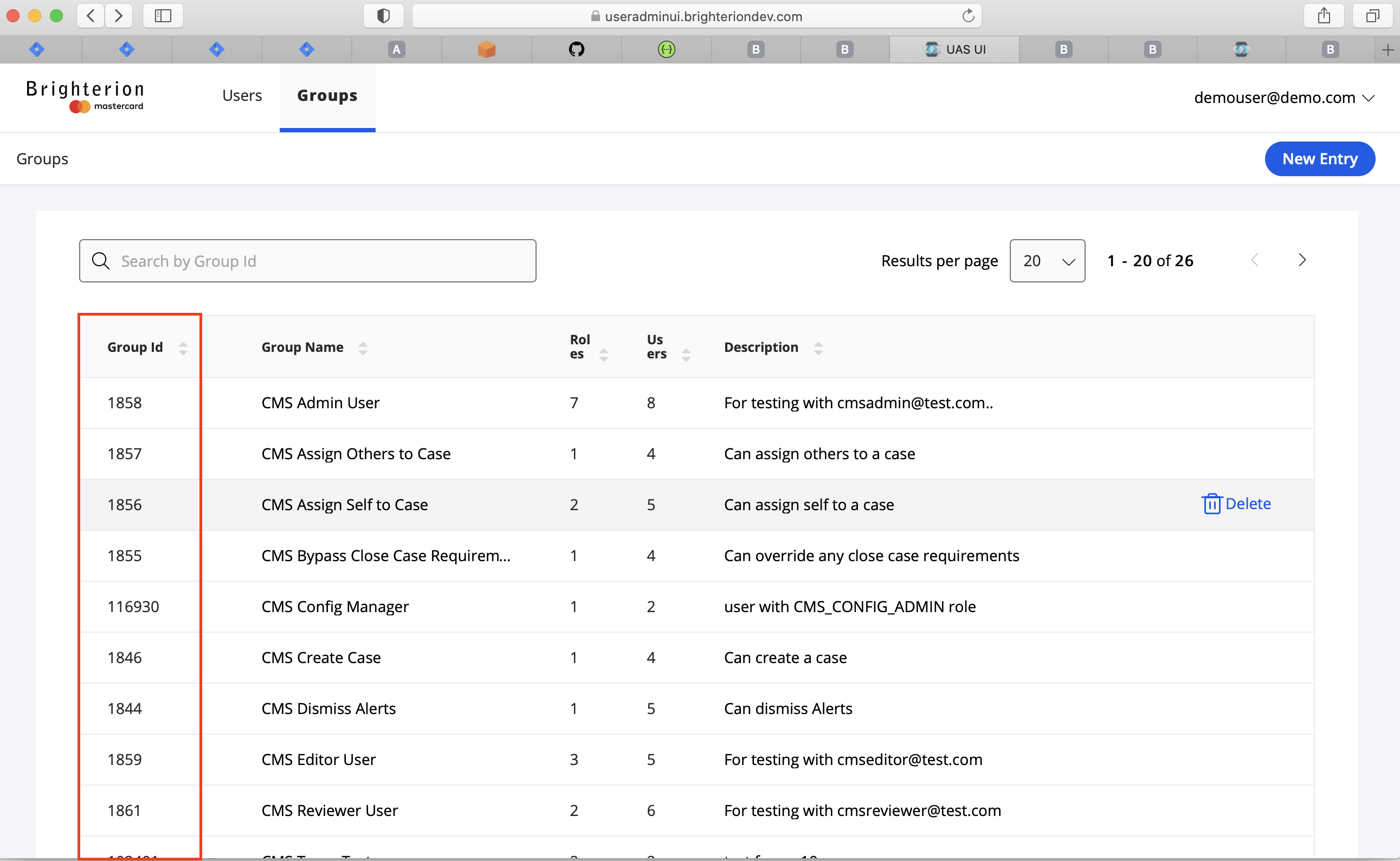 User Admin Service Screen for Group Listing